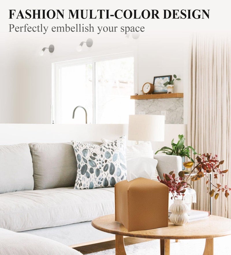 Livelab Tissue Box Cover, Modern Square Decorative PU Leather Facial Paper Case Organizer Holder Dispenser for Bathroom, Vanity Countertop, Night Stands, Desk, Car 5X5X5'' | Camel - Image 3