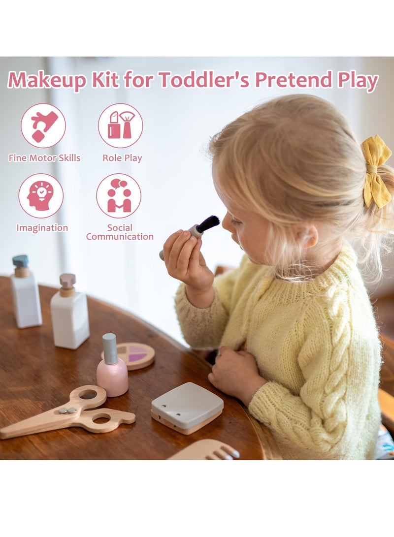 Excefore 22PCS Pretend Role Play Toy Wood Beauty Salon Toys Set for Girl with Realistic Accessories Princess Lipstick Set with Haircut Manicure Makeup Box Accessories Bag Gift for Girls 3-12 - Image 4