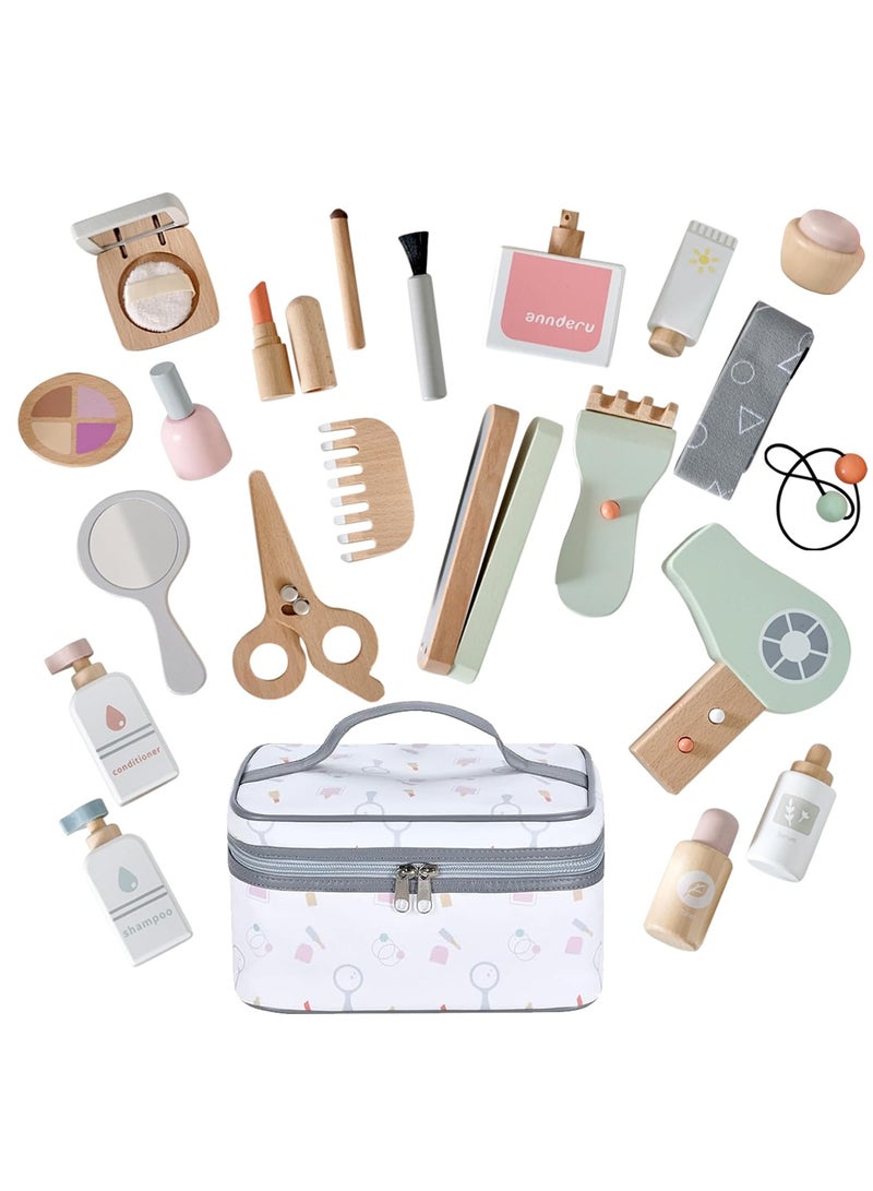 Excefore 22PCS Pretend Role Play Toy Wood Beauty Salon Toys Set for Girl with Realistic Accessories Princess Lipstick Set with Haircut Manicure Makeup Box Accessories Bag Gift for Girls 3-12 - Image 1
