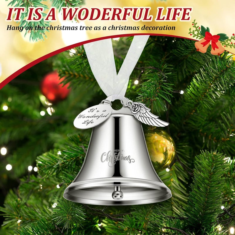 Kigeli 1 Sets It's a Wonderful Life Christmas Bell Ornaments 2025 Silver Angle Bells Ornament for Christmas Tree Inspired Xmas Tree Ornament Bell Vintage Decorations with Red Bags - Image 5