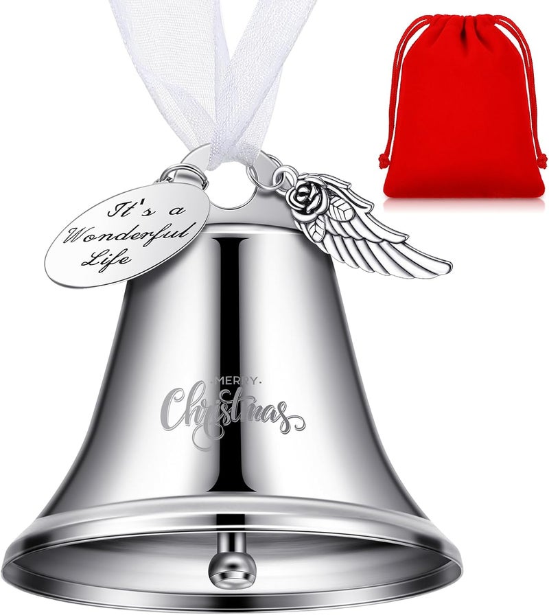 Kigeli 1 Sets It's a Wonderful Life Christmas Bell Ornaments 2025 Silver Angle Bells Ornament for Christmas Tree Inspired Xmas Tree Ornament Bell Vintage Decorations with Red Bags - Image 1