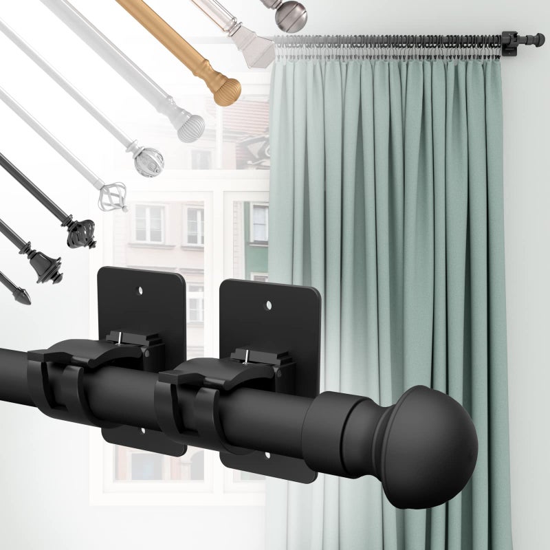 Wabboreq 4 Pieces Self Adhesive Curtain Rod Bracket, Universal Plastic Curtain Rod Holders, No Drill Curtain Rod Brackets Curtain Rod Hooks for Bathroom, Bedroom, Livingroom, Kitchen (Black) - Image 5