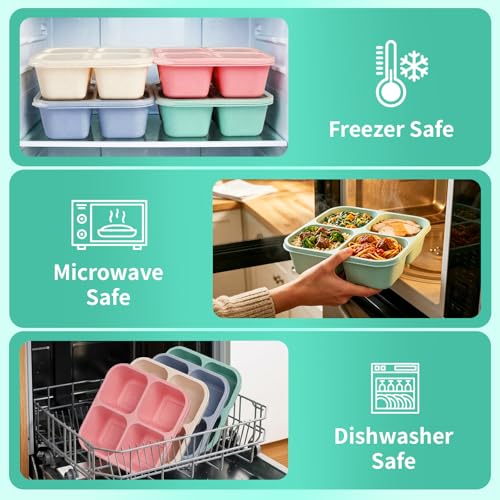 buluker 4 Pack Bento Snack Containers Set， 4 Compartment Food Storage Containers ，Wheat Straw Meal Prep Lunch Box ，Plastic Food Storage container, Microwave and Dishwasher Safe (4colour) - Image 4