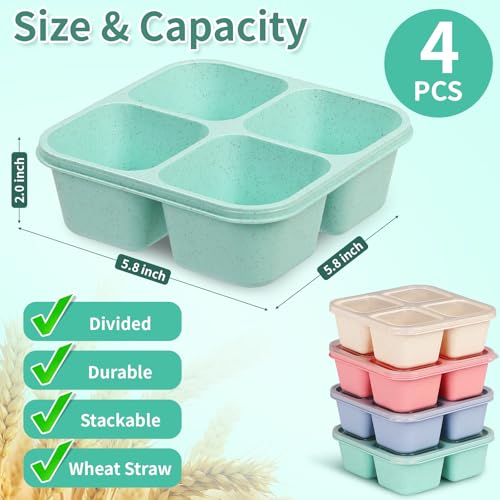 buluker 4 Pack Bento Snack Containers Set， 4 Compartment Food Storage Containers ，Wheat Straw Meal Prep Lunch Box ，Plastic Food Storage container, Microwave and Dishwasher Safe (4colour) - Image 2