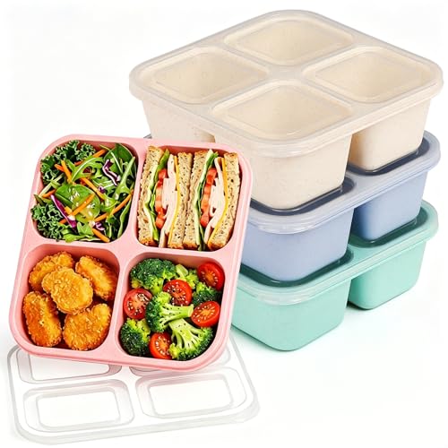 buluker 4 Pack Bento Snack Containers Set， 4 Compartment Food Storage Containers ，Wheat Straw Meal Prep Lunch Box ，Plastic Food Storage container, Microwave and Dishwasher Safe (4colour) - Image 1