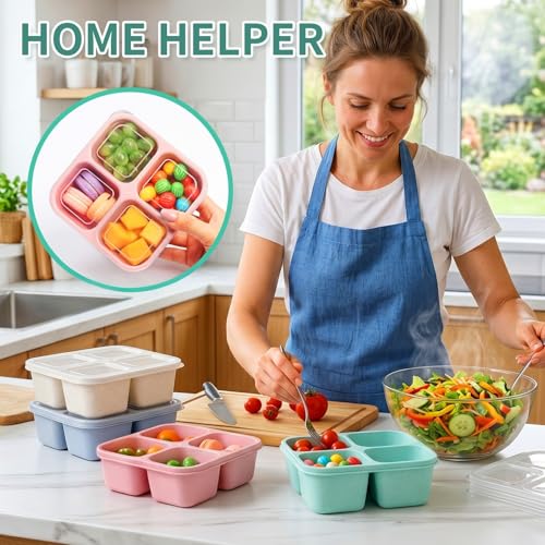 buluker 4 Pack Bento Snack Containers Set， 4 Compartment Food Storage Containers ，Wheat Straw Meal Prep Lunch Box ，Plastic Food Storage container, Microwave and Dishwasher Safe (4colour) - Image 5