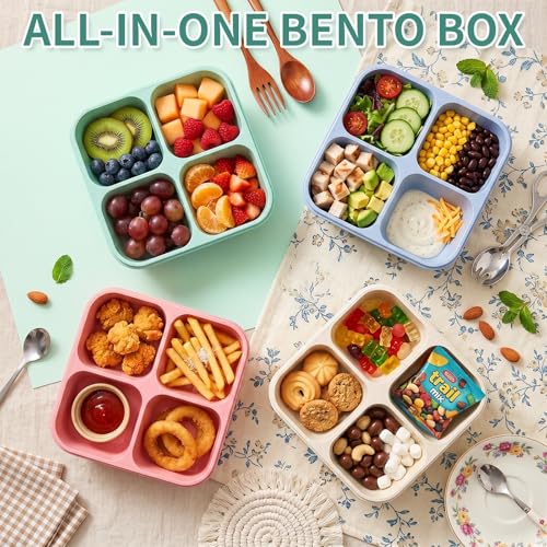 buluker 4 Pack Bento Snack Containers Set， 4 Compartment Food Storage Containers ，Wheat Straw Meal Prep Lunch Box ，Plastic Food Storage container, Microwave and Dishwasher Safe (4colour) - Image 3