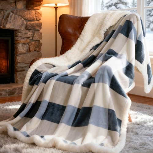 PU MEI Sherpa Throw Blanket for Couch Sofa 50“*60”-Fuzzy Soft Cozy Fleece Thick Warm Blanket for Winter, Soft Throws Plush Fluffy Lattice Flannel Blankets (Grey-Soft Blue) - Image 1