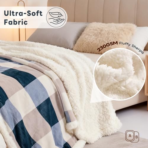 PU MEI Sherpa Throw Blanket for Couch Sofa 50“*60”-Fuzzy Soft Cozy Fleece Thick Warm Blanket for Winter, Soft Throws Plush Fluffy Lattice Flannel Blankets (Grey-Soft Blue) - Image 4