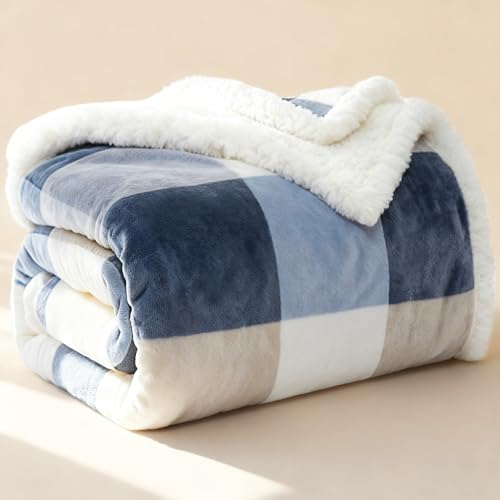 PU MEI Sherpa Throw Blanket for Couch Sofa 50“*60”-Fuzzy Soft Cozy Fleece Thick Warm Blanket for Winter, Soft Throws Plush Fluffy Lattice Flannel Blankets (Grey-Soft Blue) - Image 3
