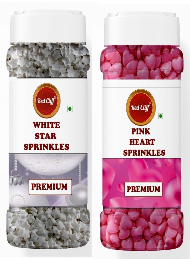 RED CLIFF Edible Pink Heart+White Star Shape Sprinkles | Metallic Dessert Toppings for Cakes, Cupcakes, Ice Cream & Sweets | Edible Decorative Sugar Sprinkles | Ideal for Baking & Festive Garnishing | 100gx2 | Pack of 2 - Image 1
