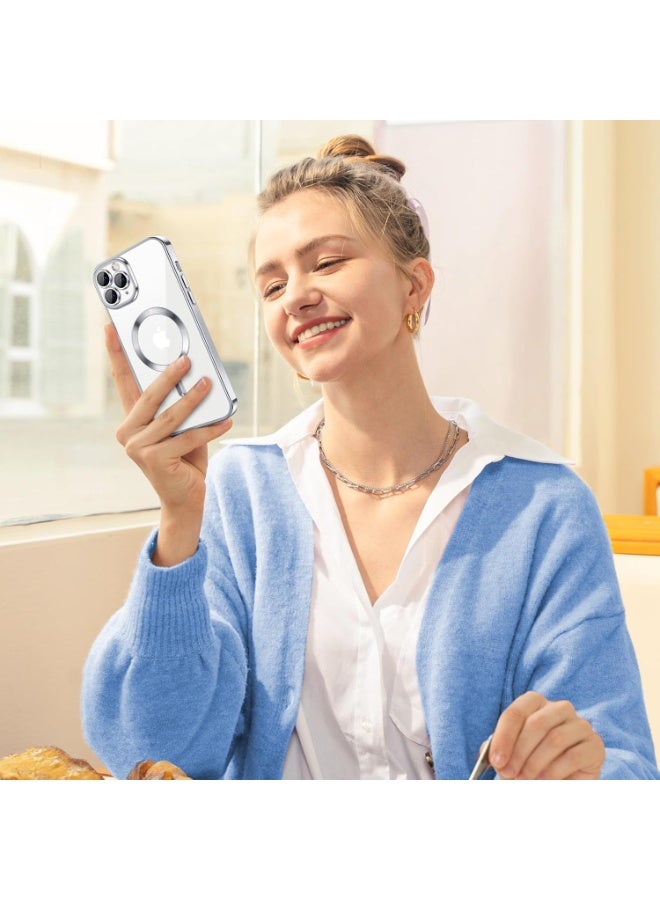 Electroplated Case For IPhone 11 Pro Max Camera Lens Full Protection Compatible with MagSafe Wireless Charging, Shockproof Soft TPU Phone Magnetic Cover (Silver) - Image 2