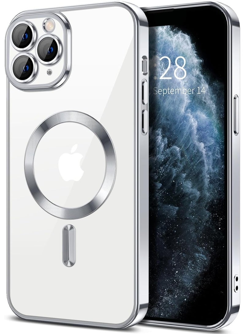 Electroplated Case For IPhone 11 Pro Max Camera Lens Full Protection Compatible with MagSafe Wireless Charging, Shockproof Soft TPU Phone Magnetic Cover (Silver) - Image 1