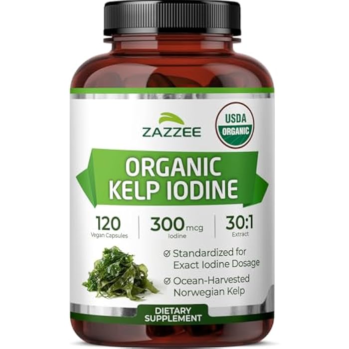 Zazzee USDA Organic Kelp Iodine 30:1 Extract, 300 mcg per Capsule, 120 Vegan Capsules, 4 Month Supply, Ocean-Harvested Norwegian Kelp, Standardized to 1% Iodine for Exact Dosage, Thyroid Support - Image 1