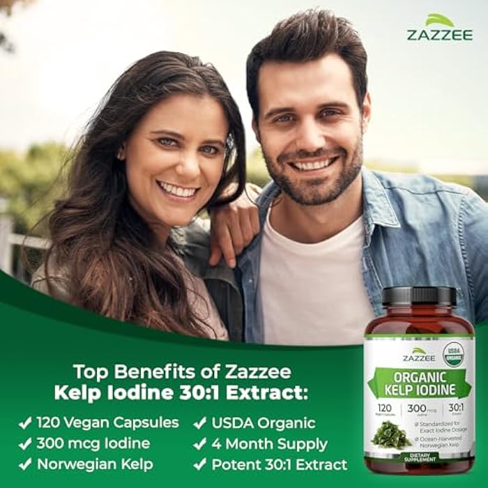 Zazzee USDA Organic Kelp Iodine 30:1 Extract, 300 mcg per Capsule, 120 Vegan Capsules, 4 Month Supply, Ocean-Harvested Norwegian Kelp, Standardized to 1% Iodine for Exact Dosage, Thyroid Support - Image 4