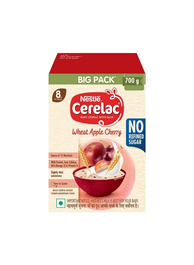 Cerelac CERELAC Baby Food Cereal | No Refined Sugar | Wheat Apple Cherry for 8-24 months baby | Omega 3 Iron Protein Calcium Vitamin D | Instant Baby Food | 700g | Big Pack - Image 1