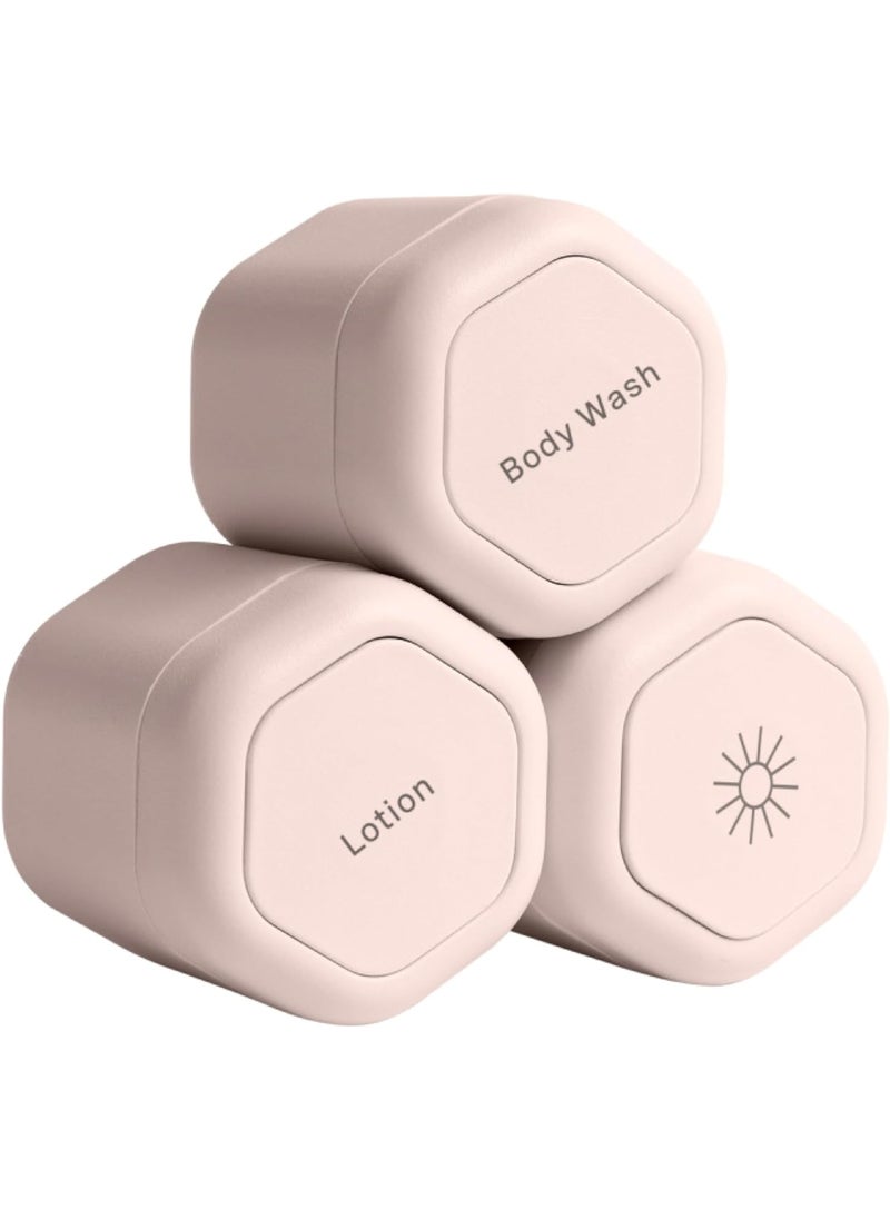Cadence Cadence Travel Containers - Body Care Capsule Set - Magnetic Travel Capsules - For Wash, Lotions, Sunscreens - 3 Flex Mediums (1.32oz) with Body Wash, Lotion, & Sun Icon Labels - Petal 
