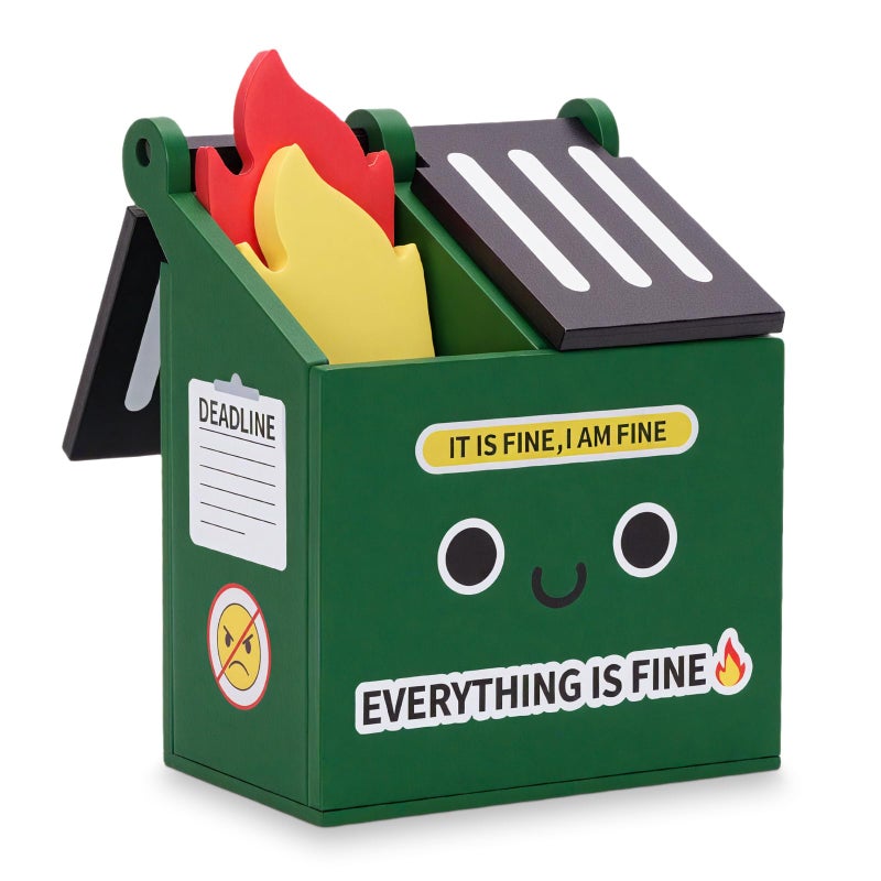 Dalycro Dumpster Fire Pencil Holder With 100 Pcs Flame Sticky Notes - Funny Dumpster Fire Desk Accessories For Office Decor - Fun Gift For Men  Coworkers (Green) - Image 1