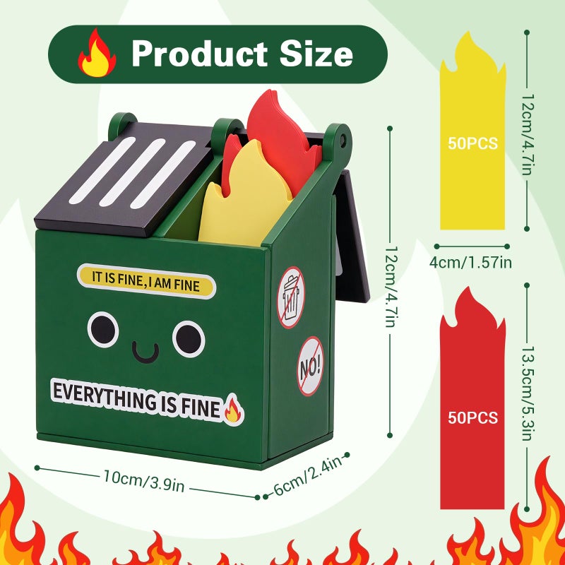 Dalycro Dumpster Fire Pencil Holder With 100 Pcs Flame Sticky Notes - Funny Dumpster Fire Desk Accessories For Office Decor - Fun Gift For Men  Coworkers (Green) - Image 2