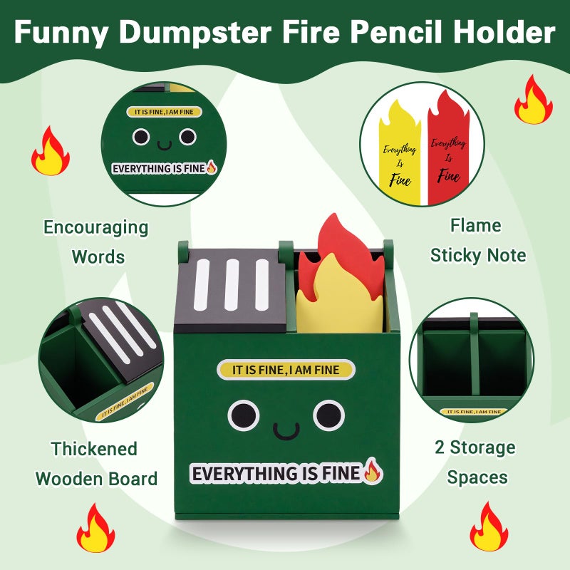 Dalycro Dumpster Fire Pencil Holder With 100 Pcs Flame Sticky Notes - Funny Dumpster Fire Desk Accessories For Office Decor - Fun Gift For Men  Coworkers (Green) - Image 3