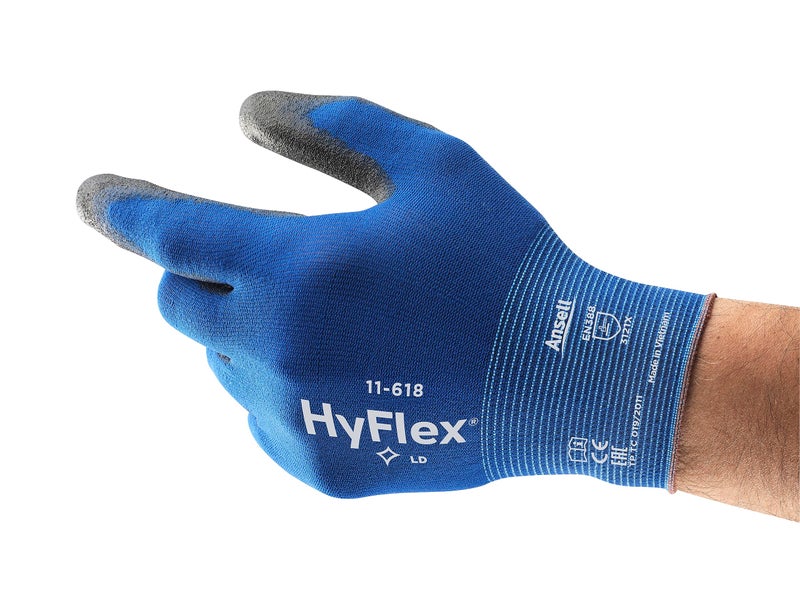 Ansell HyFlex 11-618 Ultra-Thin Industrial Safety Work Gloves for Auto, Machinery, Equipment, Fabrication - Size 9, Blue/Black (Pack of 12) - Image 1