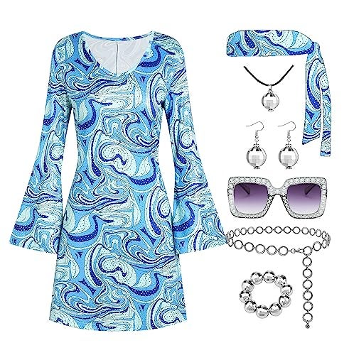 Deerjoke 70s Disco Outfit Women, 7 PCS 70's Disco Dress Costume Hippie Clothes Accessories Jewelry Halloween (Blue, Medium) - Image 1