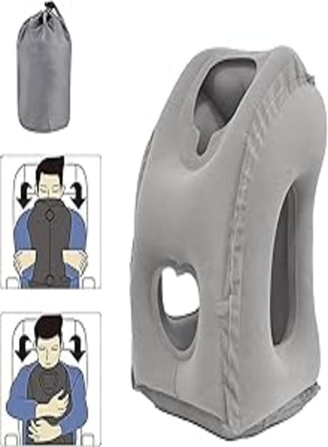 Inflatable Travel Pillow Headrest, Neck & Head Support Pillow, Airplane Neck Air Pillow for Sleeping Traveling to Avoid Neck & Shoulder Pain, Compact & Lightweight, for Office Train Travel (Grey)