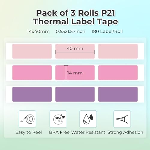 NELKO Genuine P21 Label Maker Tape, Adapted Label Print Paper, 14x40mm (0.55"x1.57"), Standard Laminated Office Labeling Tape Replacement, Multipurpose of P21, 180 Tapes/Roll, 3-Roll, Purple/Rose/Pink - Image 2
