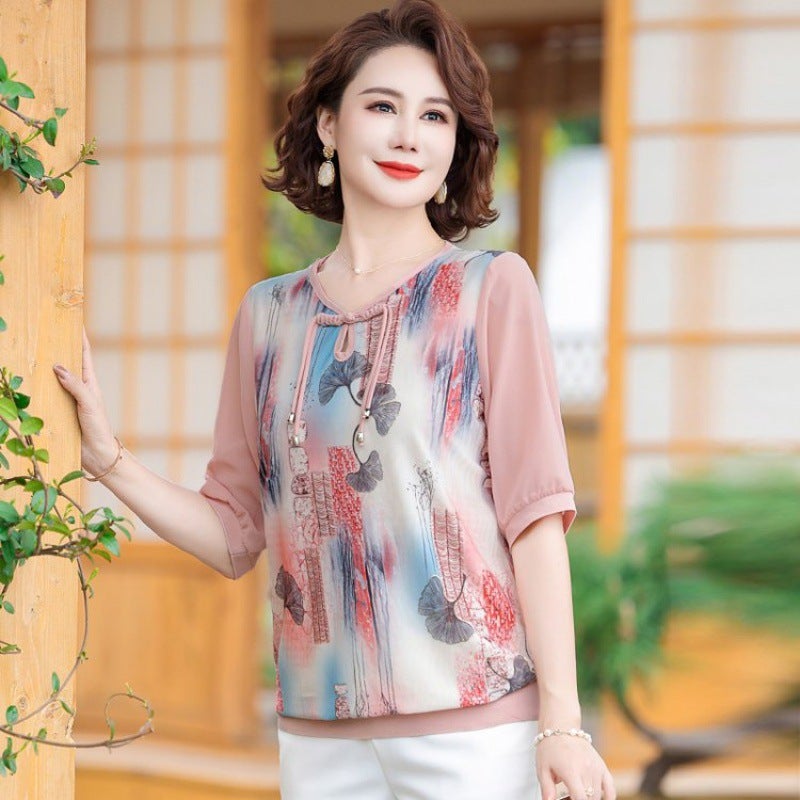 Mothers Summer Short-sleeved Bronzing Small Shirt T-shirt New Style Middle-aged and Elderly Womens 40-year-old 50 Temperament National Style Buckle Top Pink - Image 5