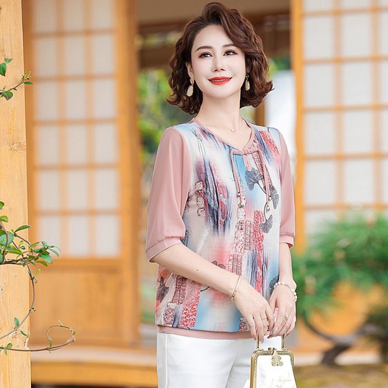 Mothers Summer Short-sleeved Bronzing Small Shirt T-shirt New Style Middle-aged and Elderly Womens 40-year-old 50 Temperament National Style Buckle Top Pink - Image 1
