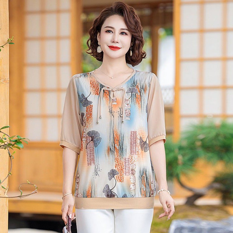 Mothers Summer Short-sleeved Bronzing Small Shirt T-shirt New Style Middle-aged and Elderly Womens 40-year-old 50 Temperament National Style Buckle Top Pink - Image 2
