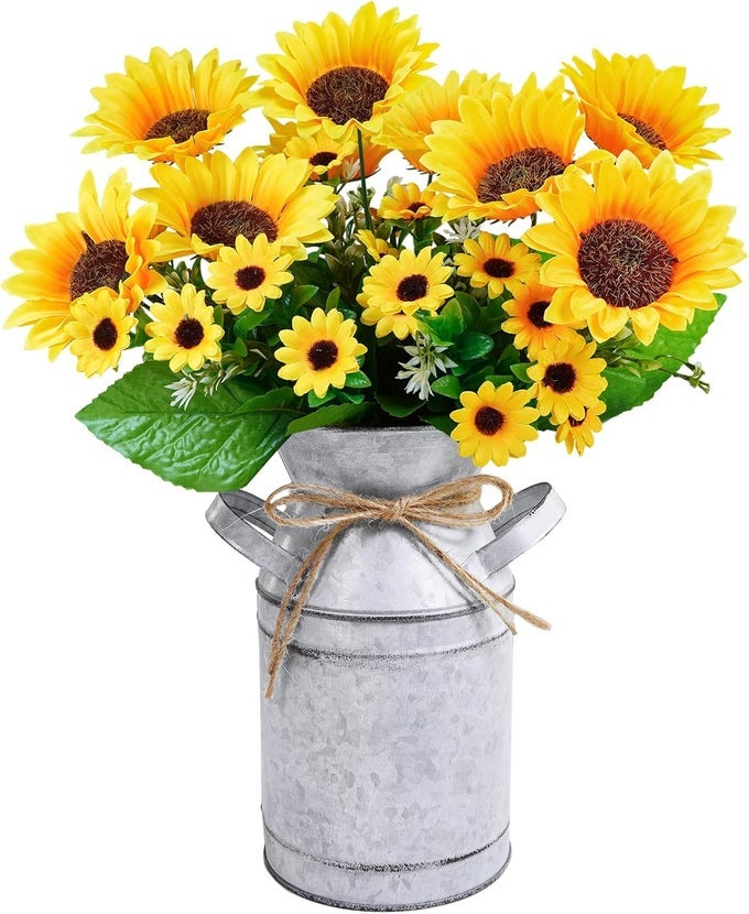 FARMHOUSE SUNFLOWERS CENTERPIECE METAL MILK JUG ARTIFICIAL SUNFLOWER BUNCHES SUMMER FLORAL ARRANGEMENTS 13 TALL FOR RUSTIC COUNTRY KITCHEN LIVING ROOM EVERYDAY TABLE CENTERPIECE