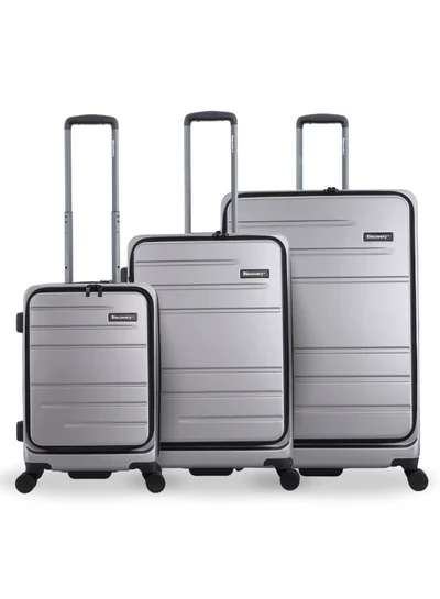 Discovery Discovery Patrol Hardside Travel Suitcase Set, 100% PC Durable Ultra Lightweight Hard Case Expandable Luggage, 4 Double Wheel, TSA Lock 3pcs Trolley Bag Silver (20+24+28 Inch).