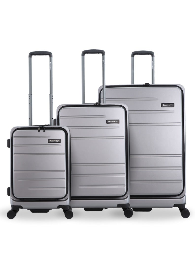 Discovery Discovery Patrol Hardside Travel Suitcase Set, 100% PC Durable Ultra Lightweight Hard Case Expandable Luggage, 4 Double Wheel, TSA Lock 3pcs Trolley Bag Silver (20+24+28 Inch).  - Image 1