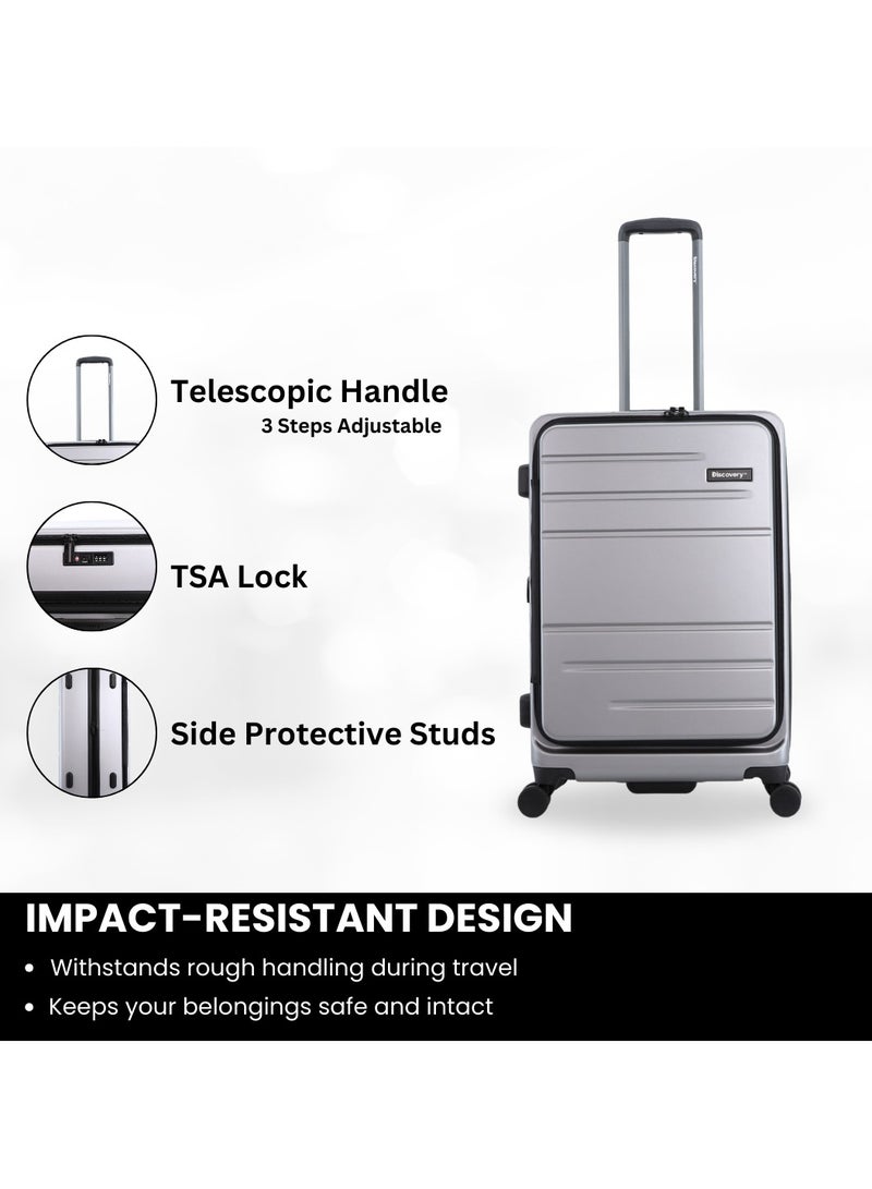 Discovery Discovery Patrol Hardside Travel Suitcase Set, 100% PC Durable Ultra Lightweight Hard Case Expandable Luggage, 4 Double Wheel, TSA Lock 3pcs Trolley Bag Silver (20+24+28 Inch).  - Image 4