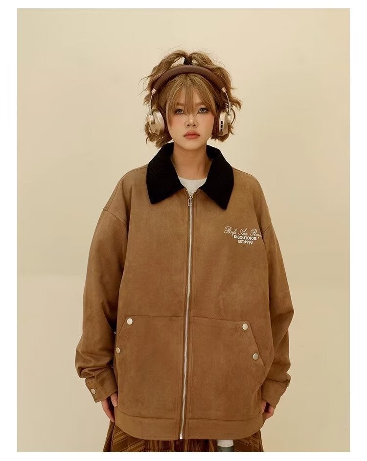 Cross-border American Style Retro Pink Lapel Suede Coat Womens Winter Retro Leather Coat Loose Work Jacket Brown