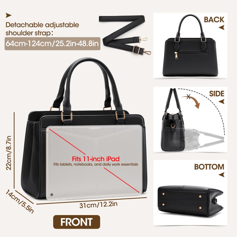 RAINSMORE Purses for Women Satchel Purse, PU Leather Structured Work Handbag with Bowknot and Shoulder Strap, Black - Image 5