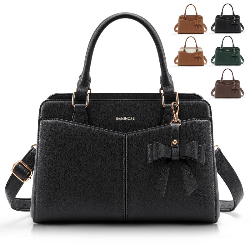 RAINSMORE Purses for Women Satchel Purse, PU Leather Structured Work Handbag with Bowknot and Shoulder Strap, Black - Image 1