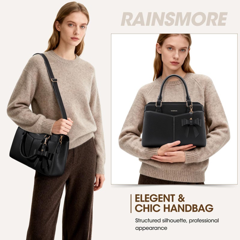 RAINSMORE Purses for Women Satchel Purse, PU Leather Structured Work Handbag with Bowknot and Shoulder Strap, Black - Image 2