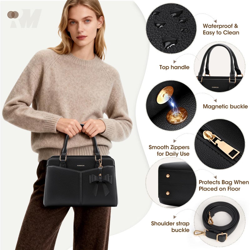 RAINSMORE Purses for Women Satchel Purse, PU Leather Structured Work Handbag with Bowknot and Shoulder Strap, Black - Image 4