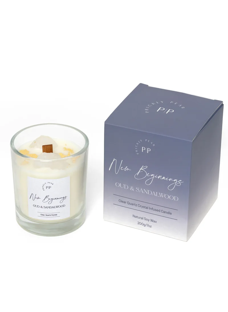 Prickly Pear Clear Quartz Crystal 'New Beginnings' Oud & Sandalwood Candle