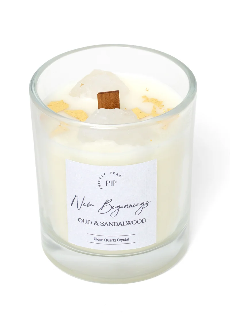 Prickly Pear Clear Quartz Crystal 'New Beginnings' Oud & Sandalwood Candle