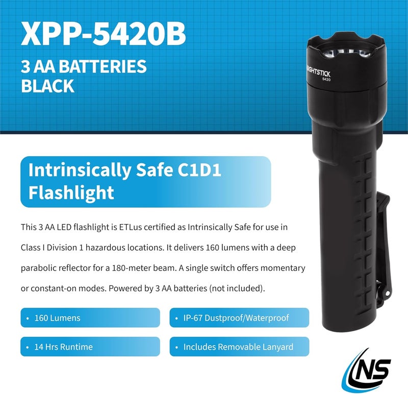 Nightstick XPP-5420B Intrinsically Safe 3 AA Flashlight - 160 Lumens, Black - Image 2
