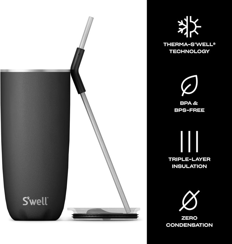 S'well Stainless Steel Tumbler with Straw and Slide-Open Lid, 24oz, Onyx, Triple Layered Vacuum Insulated Containers Keeps Drinks Cold for 18 Hours and Hot for 5, BPA Free - Image 2