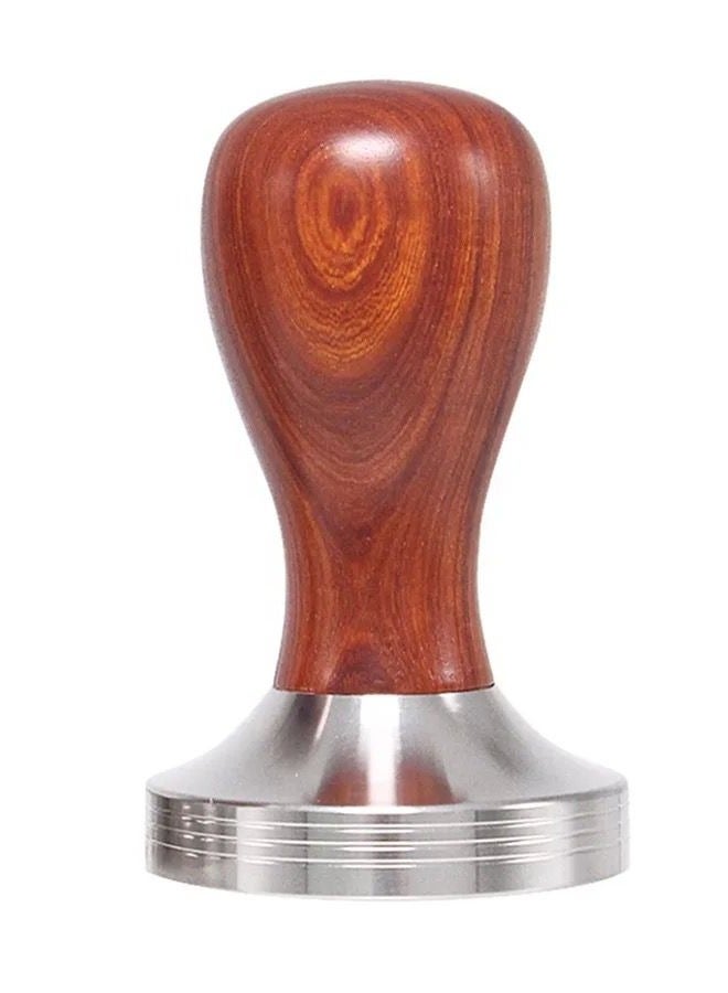 Espresso coffee tamper with a brown - silver wooden handle