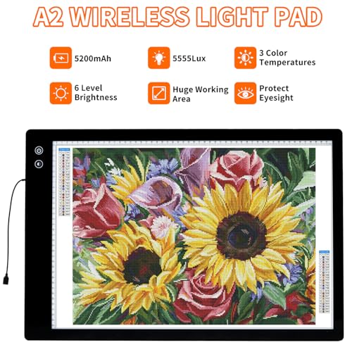 KEIWRLIGHT Rechargeable A2 Light Pad for Diamond Painting, 3 Colors High Bright Tracing Light Box with 6 Levels/Stepless Dimming, Fast Charging Adapter & 5555Lux, Large Drawing Light Board for Sketching - Image 3