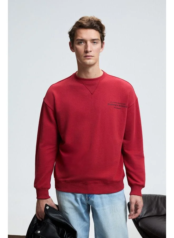 GRIMELANGE CASPIAN Men's Cotton Bike Neck Carrot Stitch Printed Red Sweatshirt.