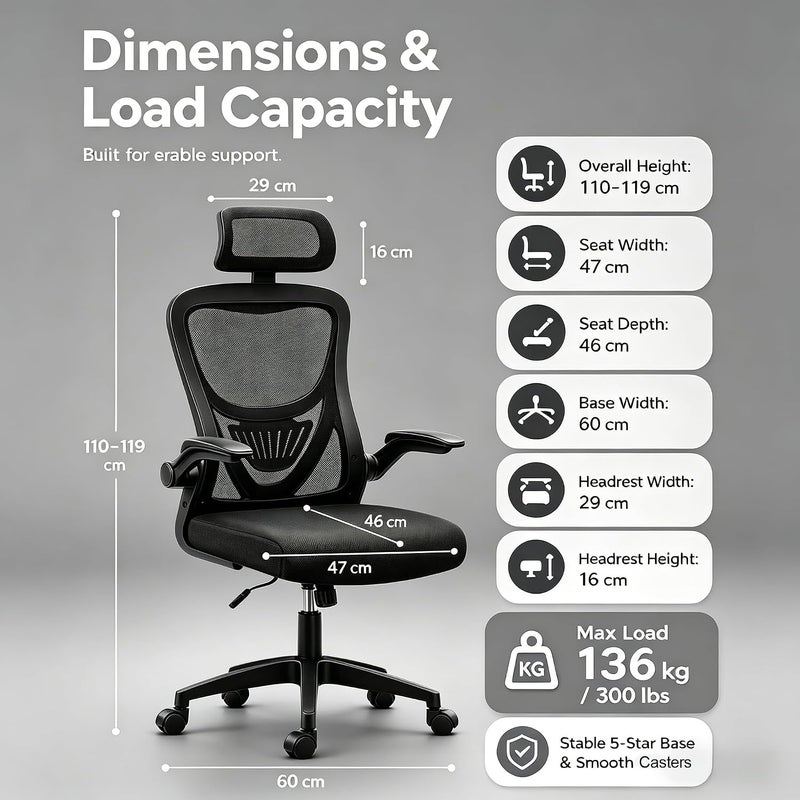 Office Chair Gaming Chair Ergonomic OfficeChair, Breathable Mesh Design High Back DeskChair with Adjustable Headrest Swivel Armrest and Lumbar Support Black(B) (black) - Image 2