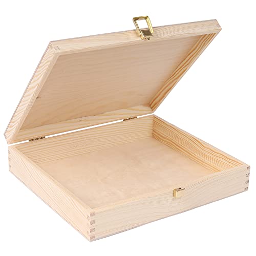 Creative Deco Wooden Storage Box Unpainted Plain | 11.41 x 9.84 x 2.55 in | Golden Latch & Lid | Perfect for Storing Valuables & Small Items in The Office or Bedroom | Keepsake Memory Trinket Chest - Image 1