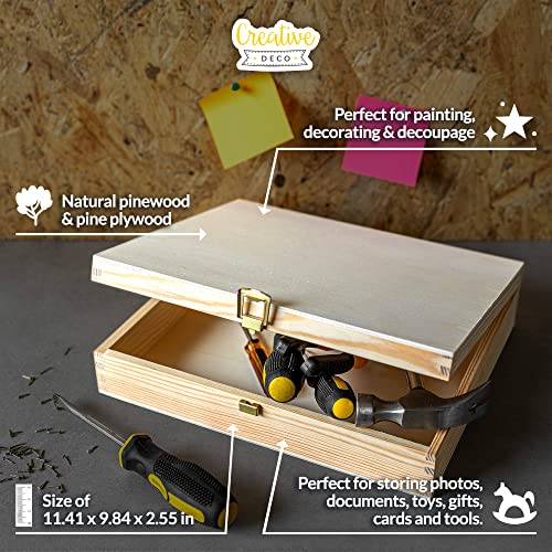Creative Deco Wooden Storage Box Unpainted Plain | 11.41 x 9.84 x 2.55 in | Golden Latch & Lid | Perfect for Storing Valuables & Small Items in The Office or Bedroom | Keepsake Memory Trinket Chest - Image 4
